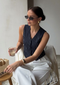 Women’s White & Blue Striped Sleeveless V-Neck Waistcoat Vest -  3084