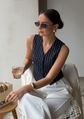 Women’s White & Blue Striped Sleeveless V-Neck Waistcoat Vest -  3084