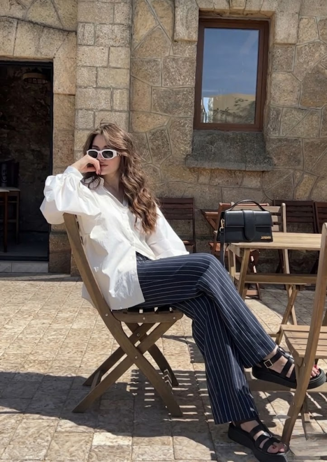 Women’s White &amp; Blue Striped high waist Trousers with Pockets -3085