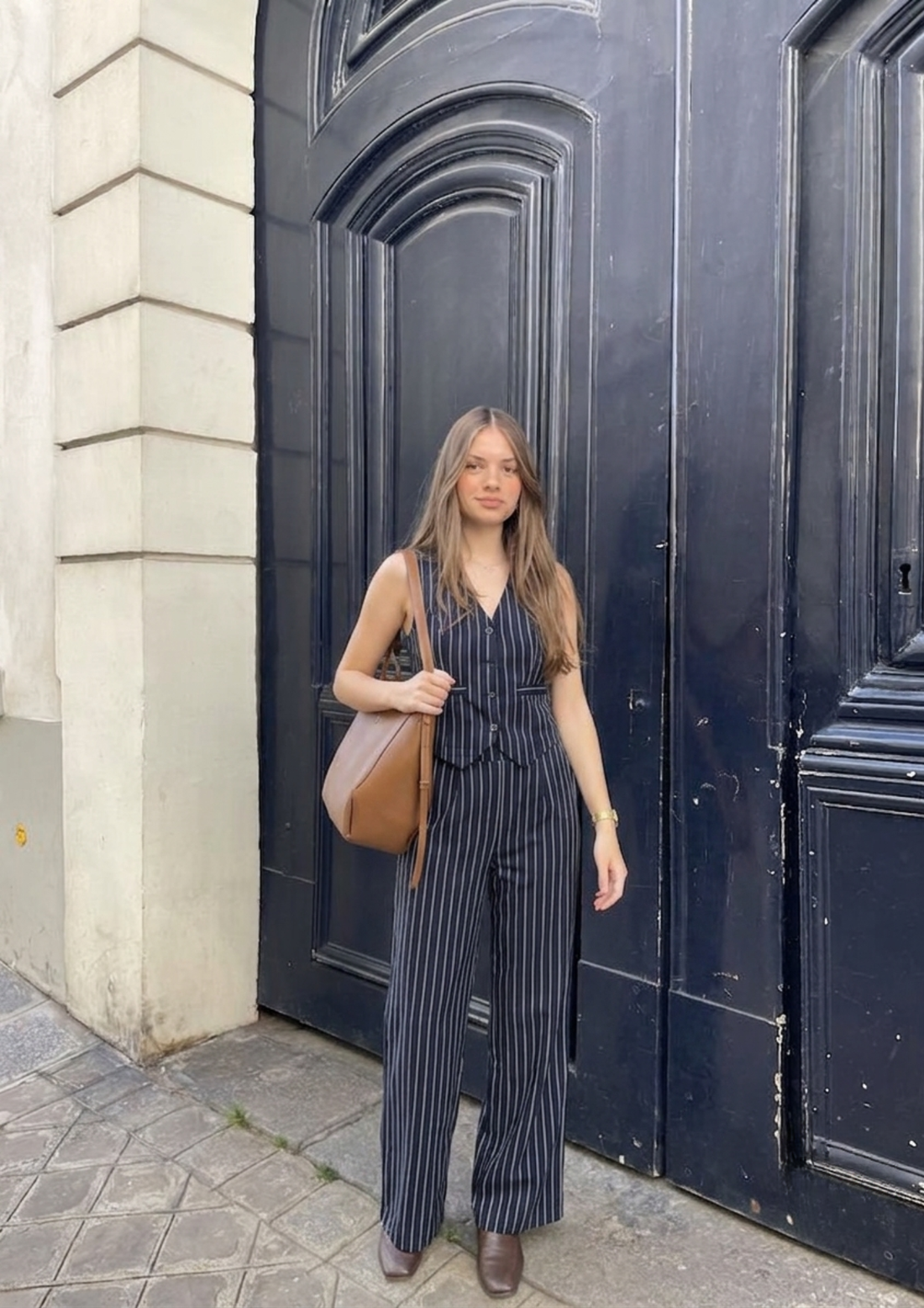 Women’s White &amp; Blue Striped Vest and High-Waist Trouser Co-ord Set – Two-Piece Outfit-3086