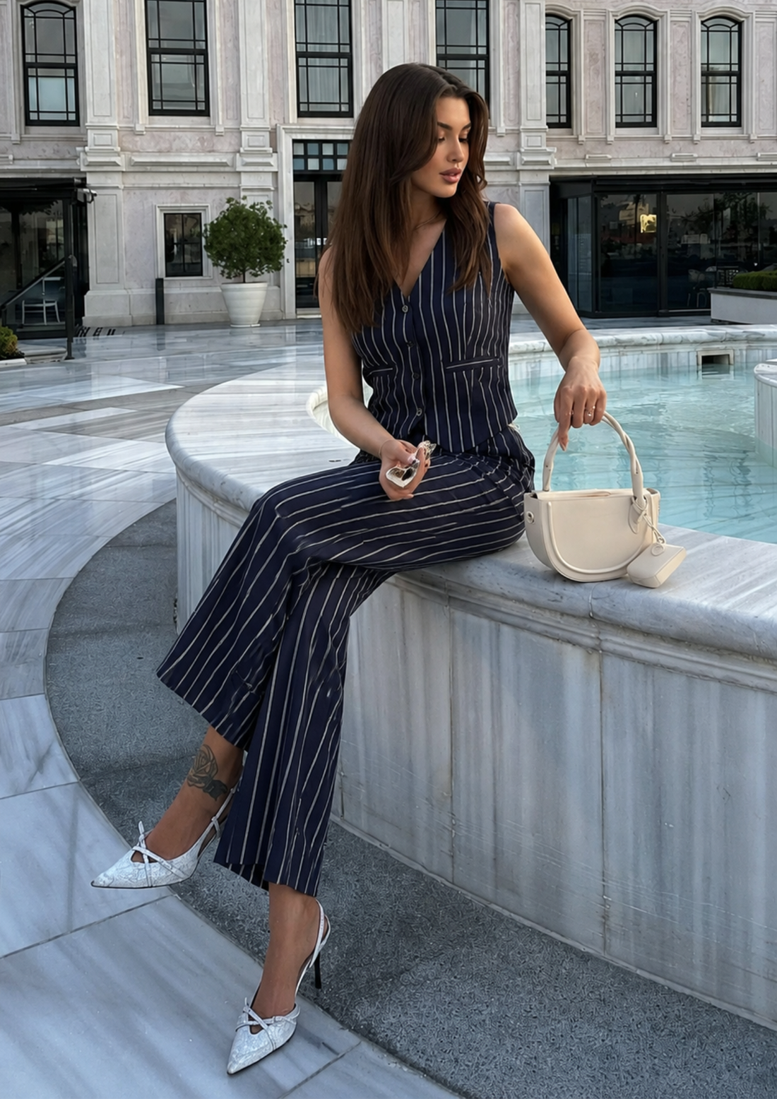 Sands Of India Women’s White &amp; Blue Striped Vest and High-Waist Trouser Co-ord Set – Two-Piece Outfit-3086