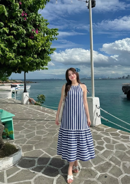 Women’s Blue Off-White Striped Halter Neck Flounce Hem Dress - 3090