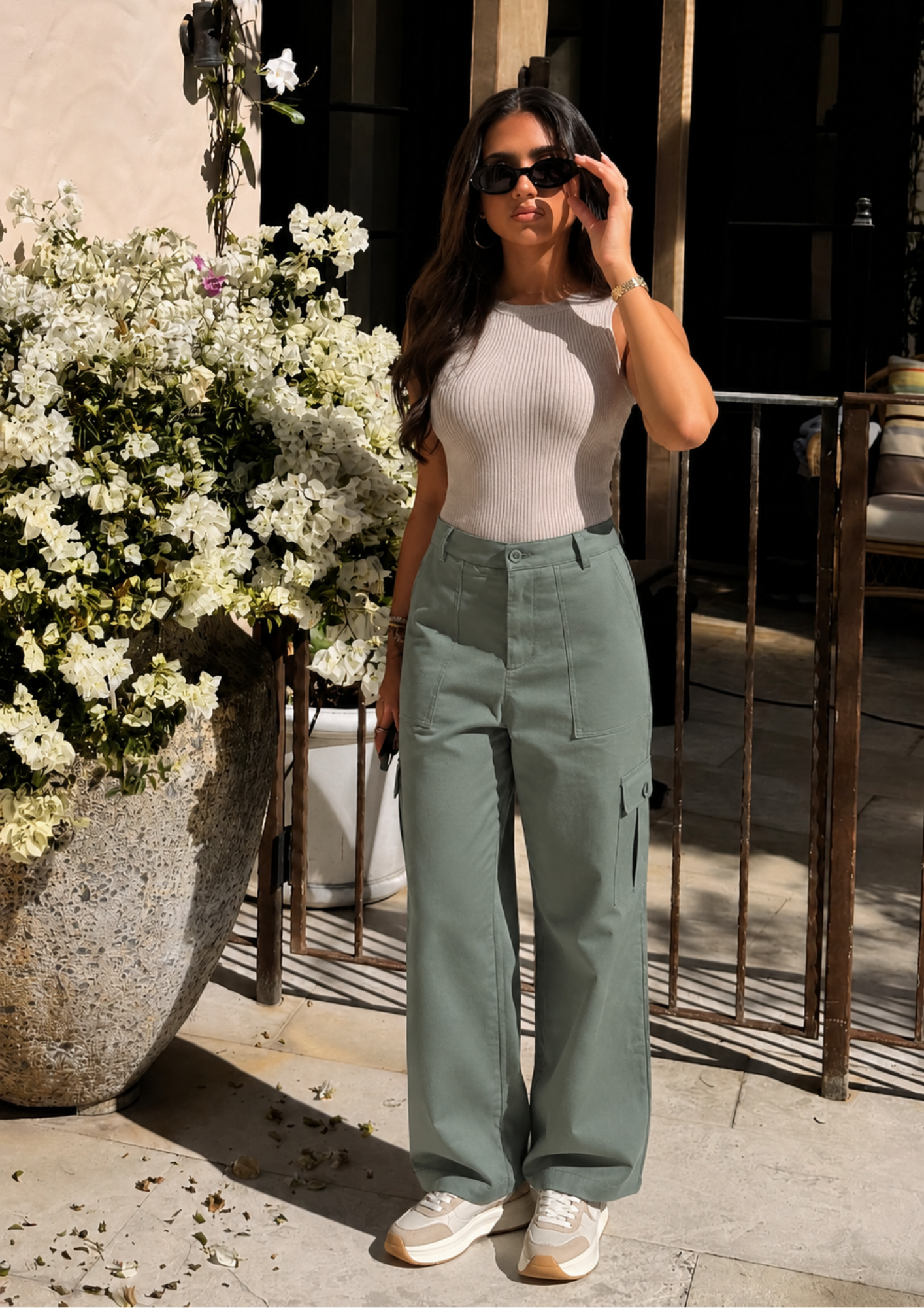 Sands Of India Women’s Dusky Aloe Green Wide-Leg Cargo Pants with Flap Pockets - 3097