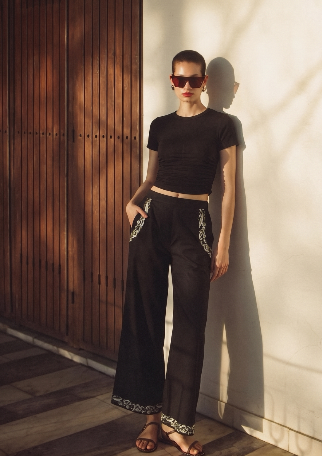 Sands Of India Women’s Black Embroidered Wide-Leg Trousers-3103