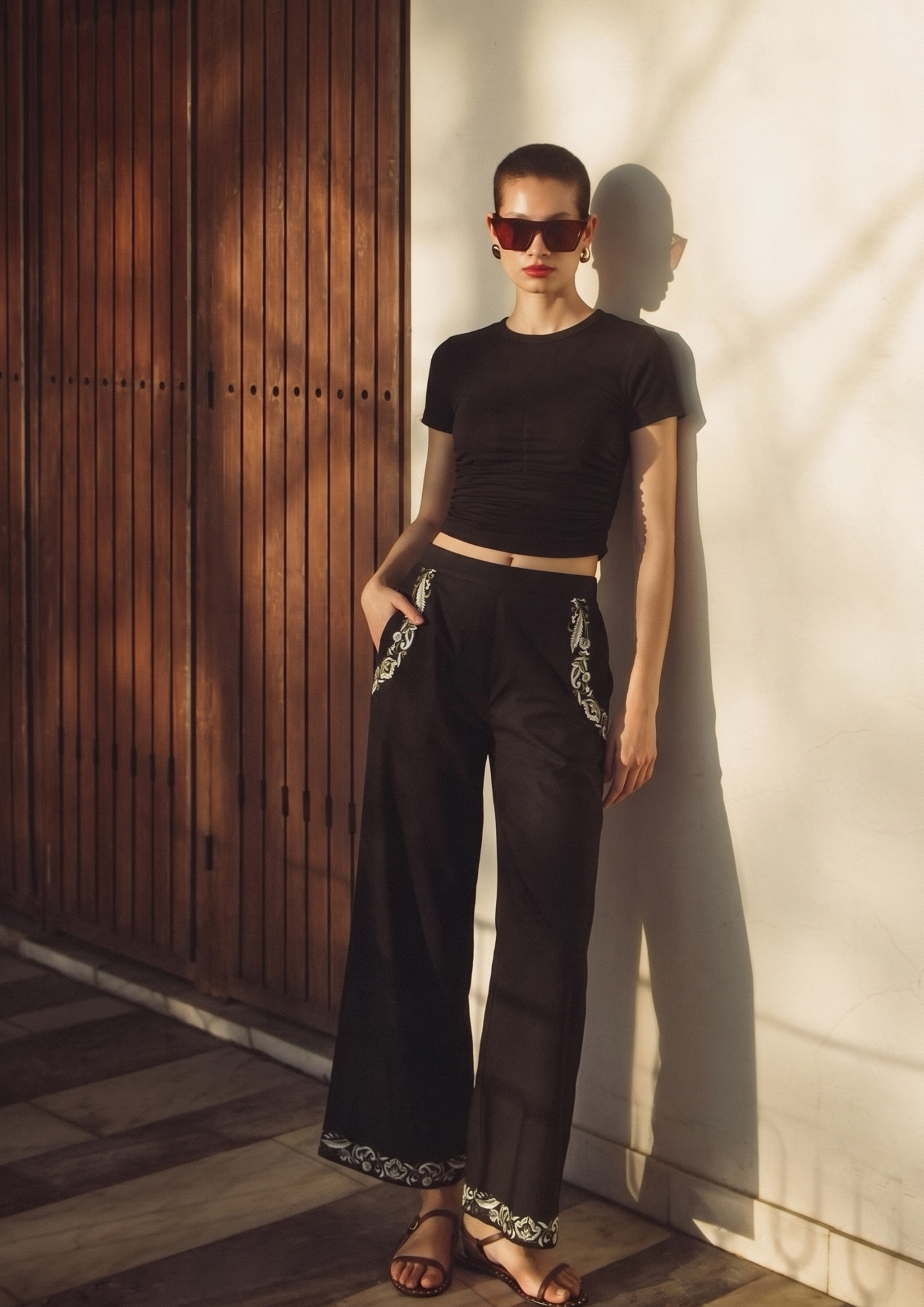 Sands Of India Women’s Black Embroidered Wide-Leg Trousers-3103