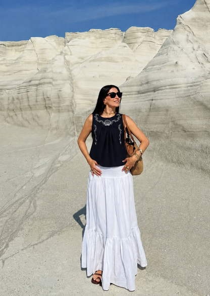 Women’s Embroidery Navy Blue sleeveless Top - 3107