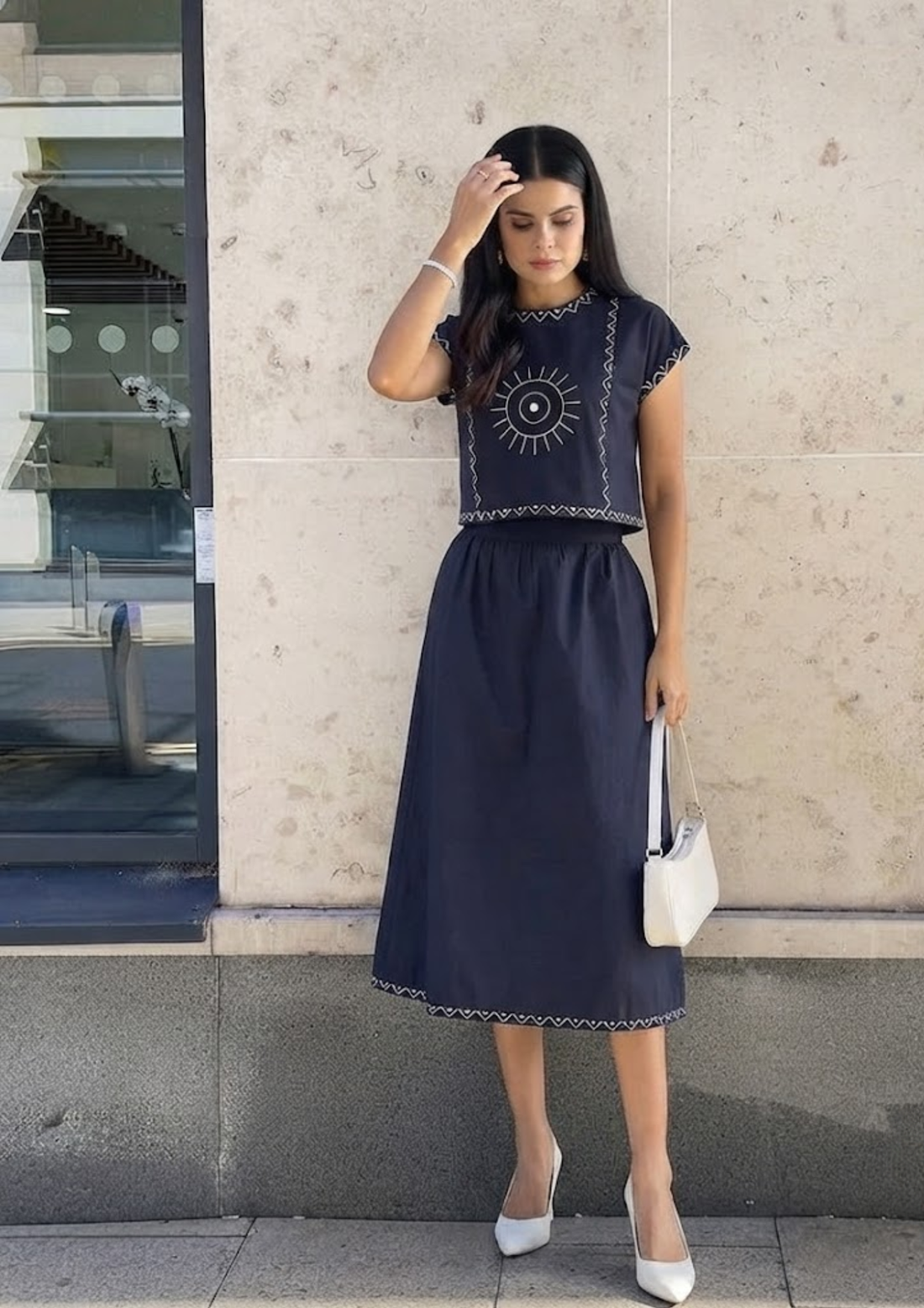 Sands Of India Women’s Embroidered Navy Blue Boxy Crop Top &amp; A-Line Skirt Co-ord Set - 3111