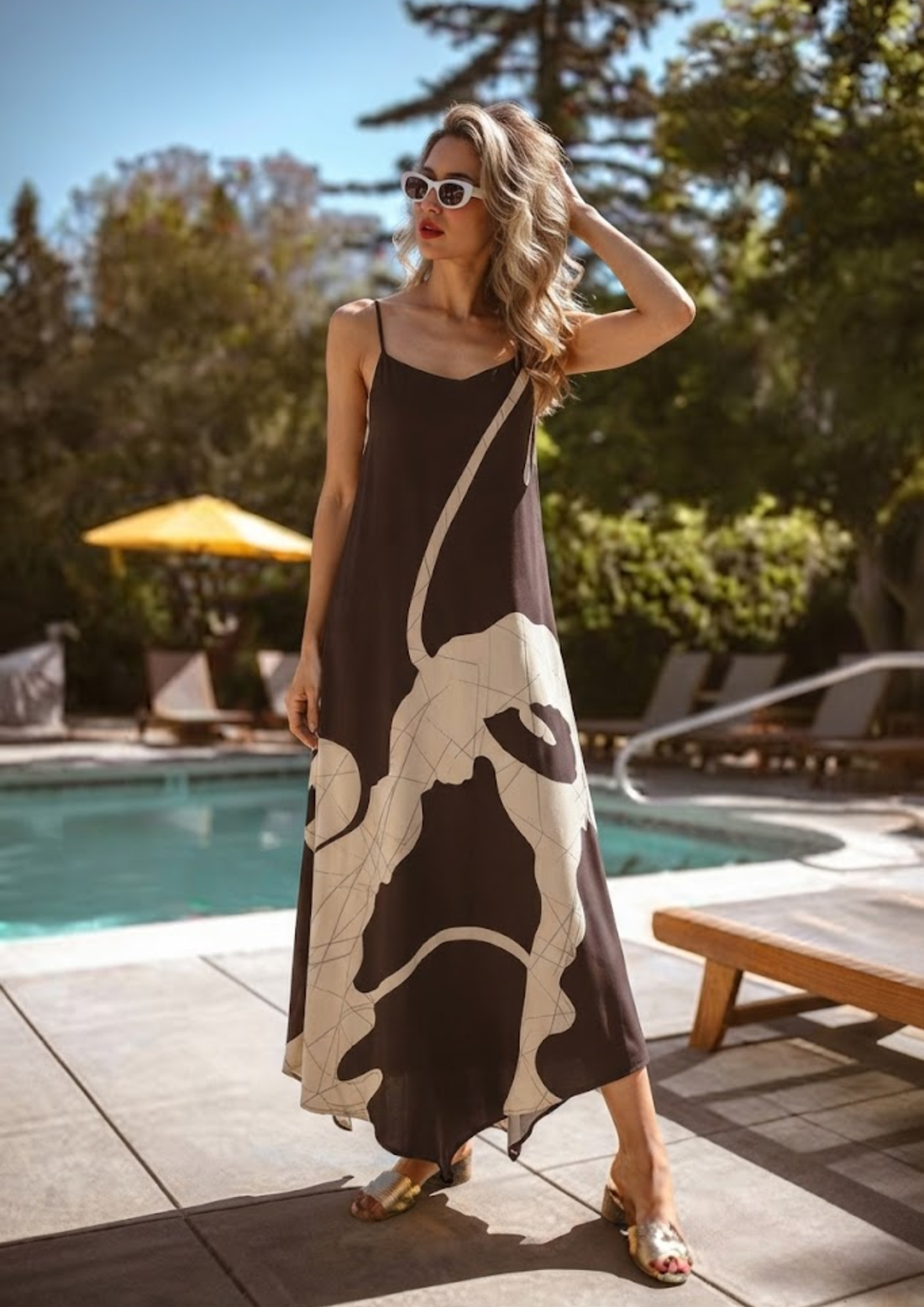 Sands of India Women Abstract Print Asymmetric Hem A-Line Brown Maxi Dress -3121