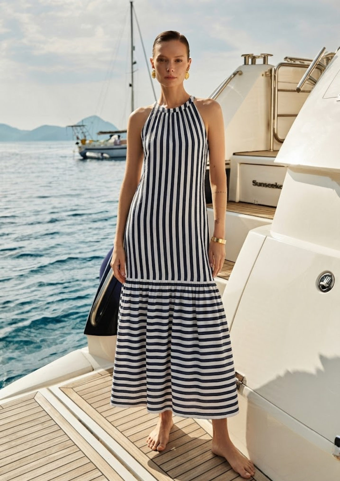 Sands Of India Women’s Blue &amp; Off-White Striped Halter Neck Flounce Hem Dress - 3127