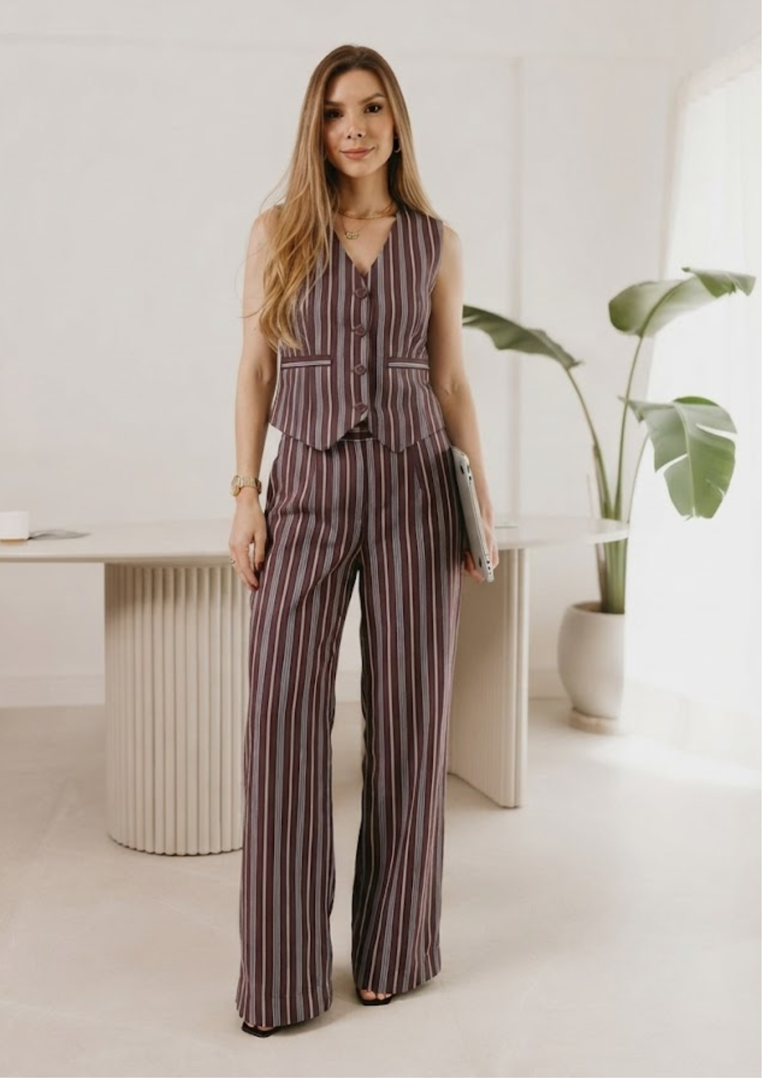 Sands of India Women’s Maroon striped Vest and Wide-Leg Trousers Co-ord Set - 3128