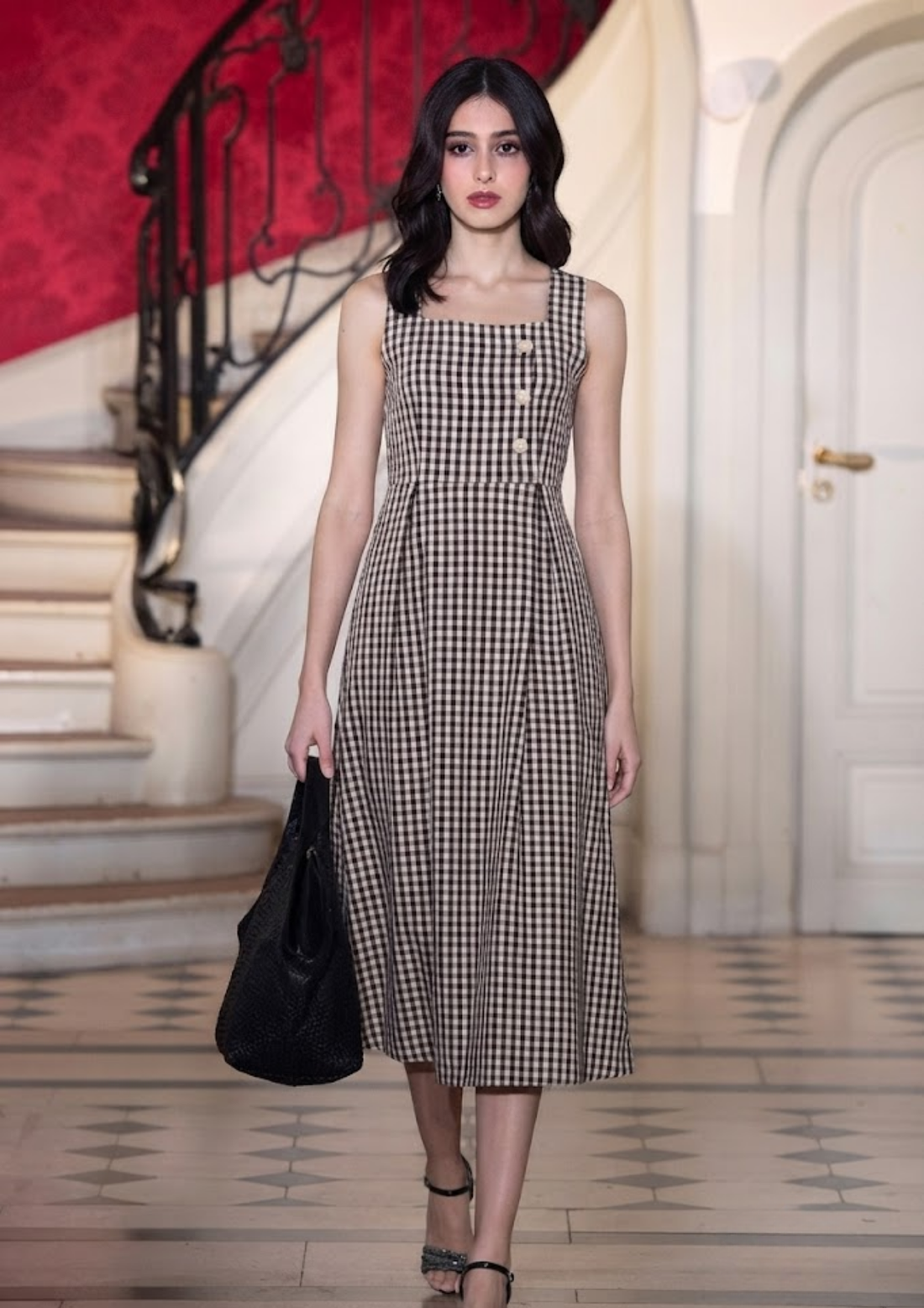 Sands Of India Women’s Brown Gingham Checked Calf-Length Pinafore Midi Dress -3129