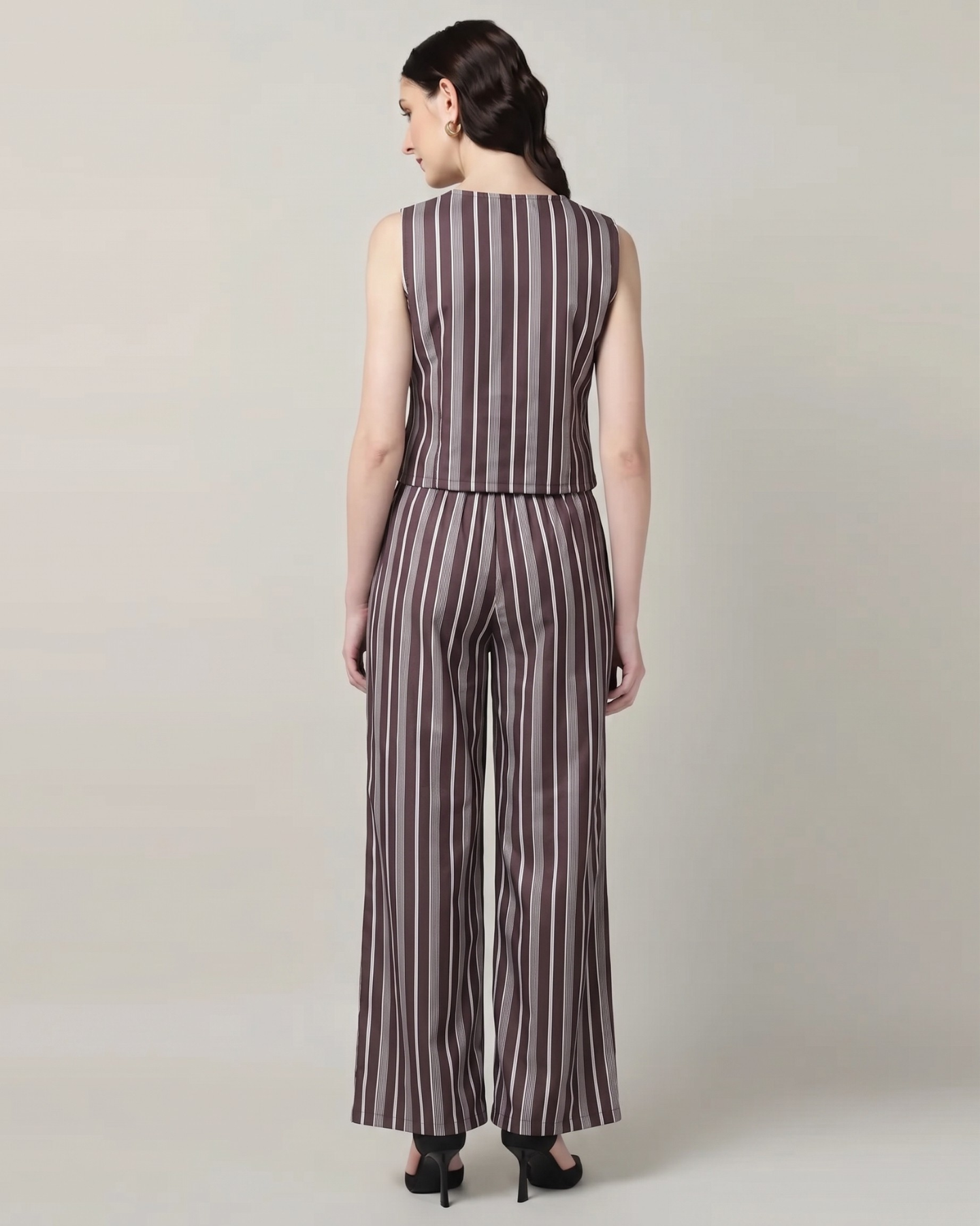 Sands of India Women’s Maroon striped Vest and Wide-Leg Trousers Co-ord Set - 3128