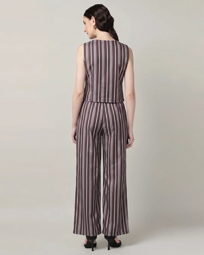 Sands of India Women’s Maroon striped Vest and Wide-Leg Trousers Co-ord Set - 3128