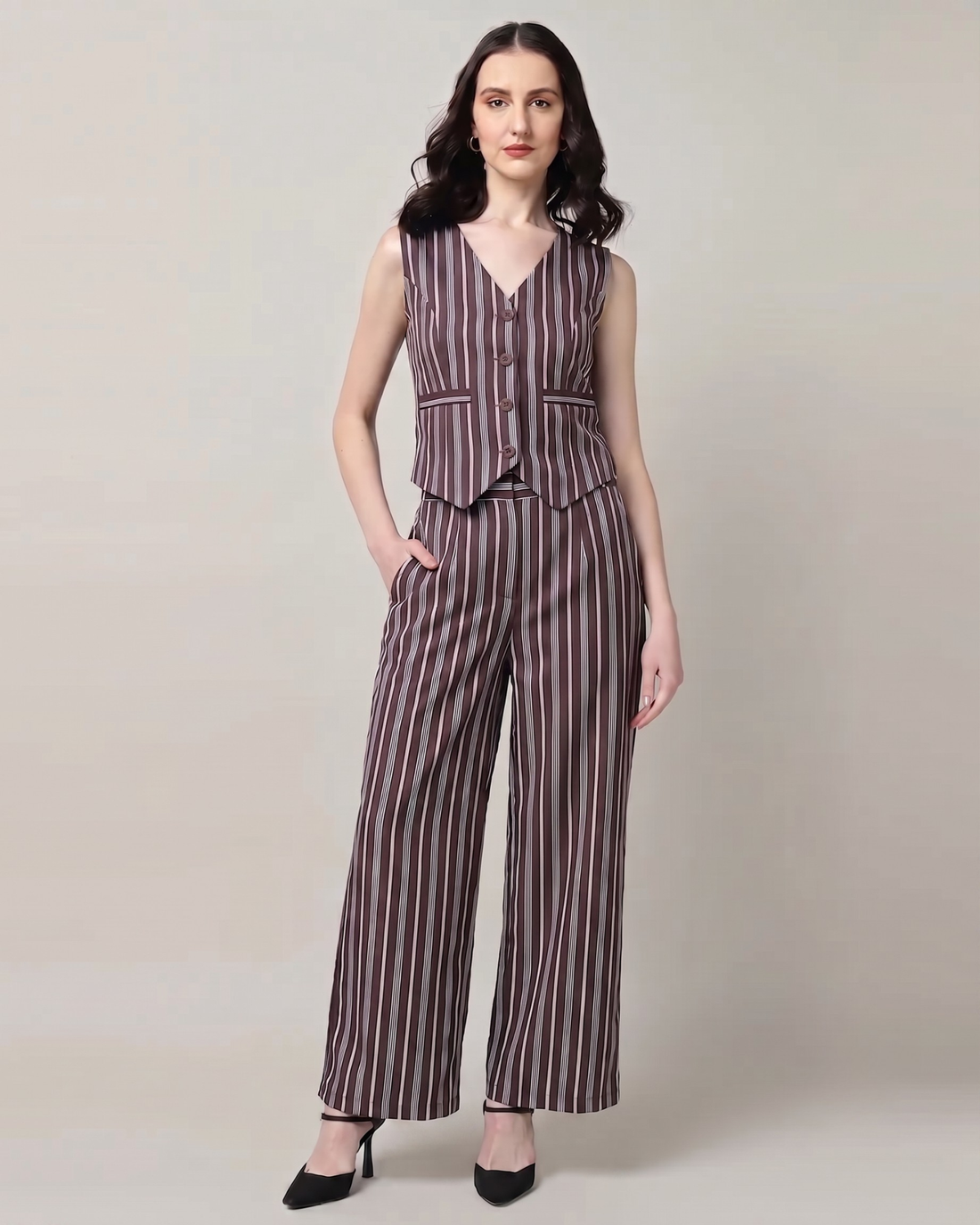 Sands of India Women’s Maroon striped Vest and Wide-Leg Trousers Co-ord Set - 3128