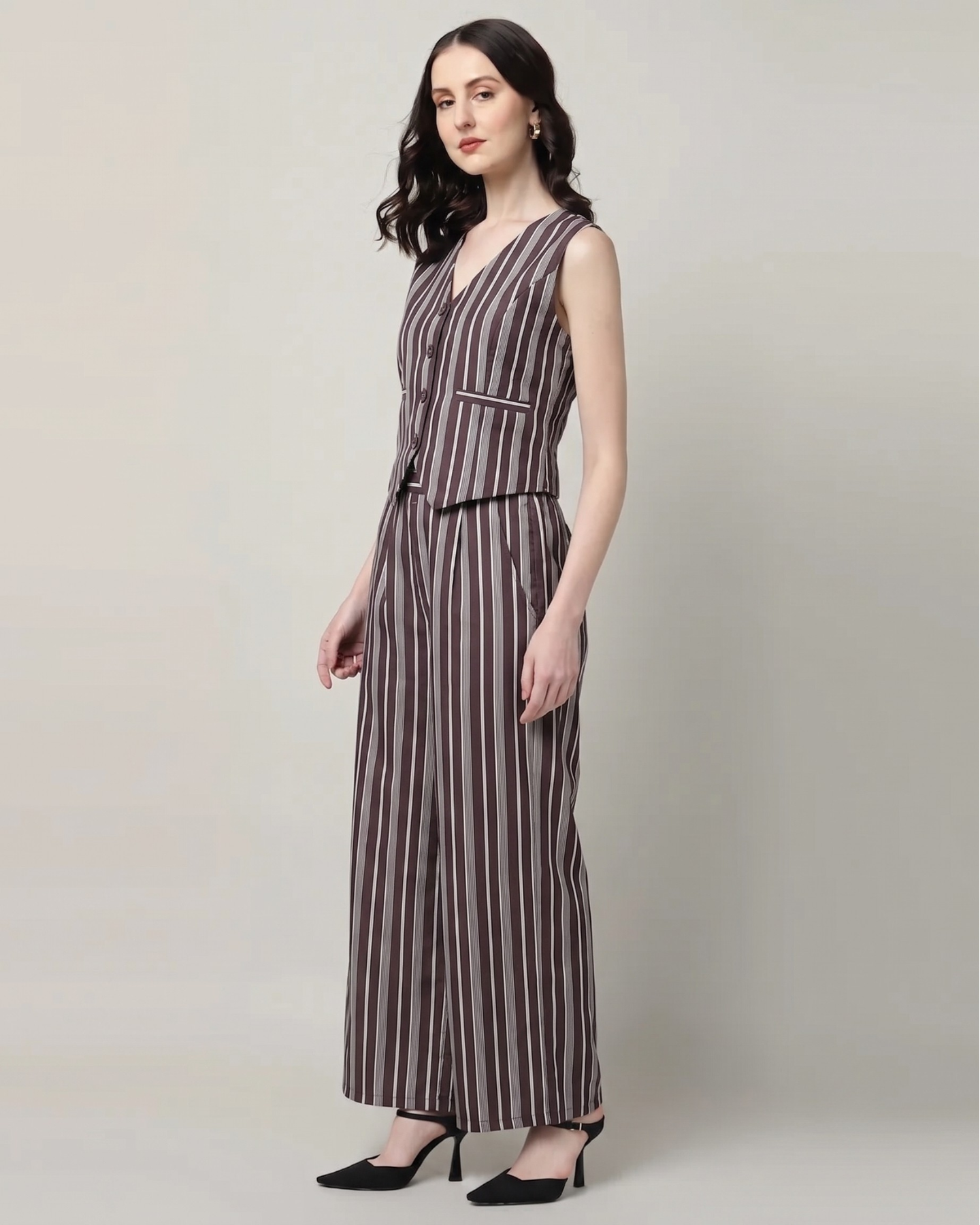 Sands of India Women’s Maroon striped Vest and Wide-Leg Trousers Co-ord Set - 3128