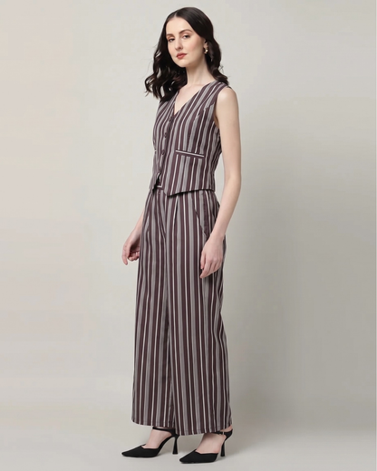 Sands of India Women’s Maroon striped Vest and Wide-Leg Trousers Co-ord Set - 3128