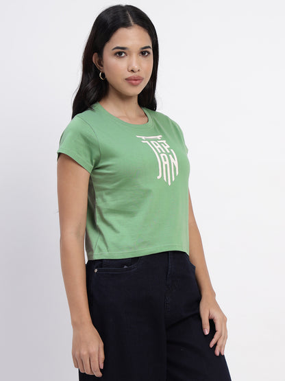 &quot;Japan: Endless Discovery &quot;Graphic Print Green Crop Top With A Sense Of Adventure -2844