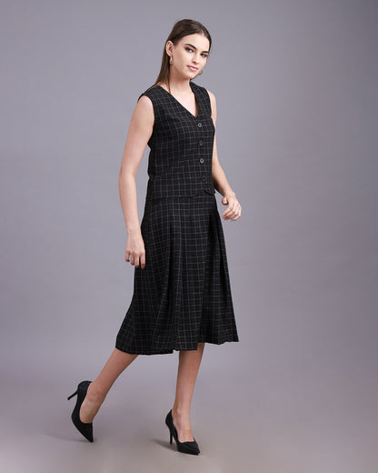 Black checkered Vest with Pleated A-line Skirt Co-ord set - 3073