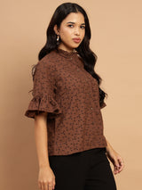 Taupe Schiffli shirt with intricate ruffles and a rich brown color - 2799