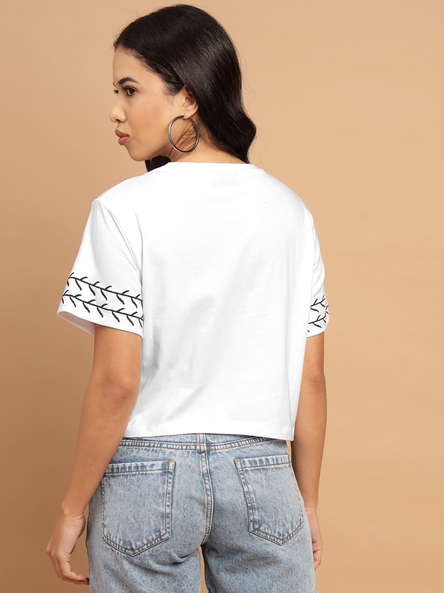 White Crop Top with Black Embroidery  - 2781