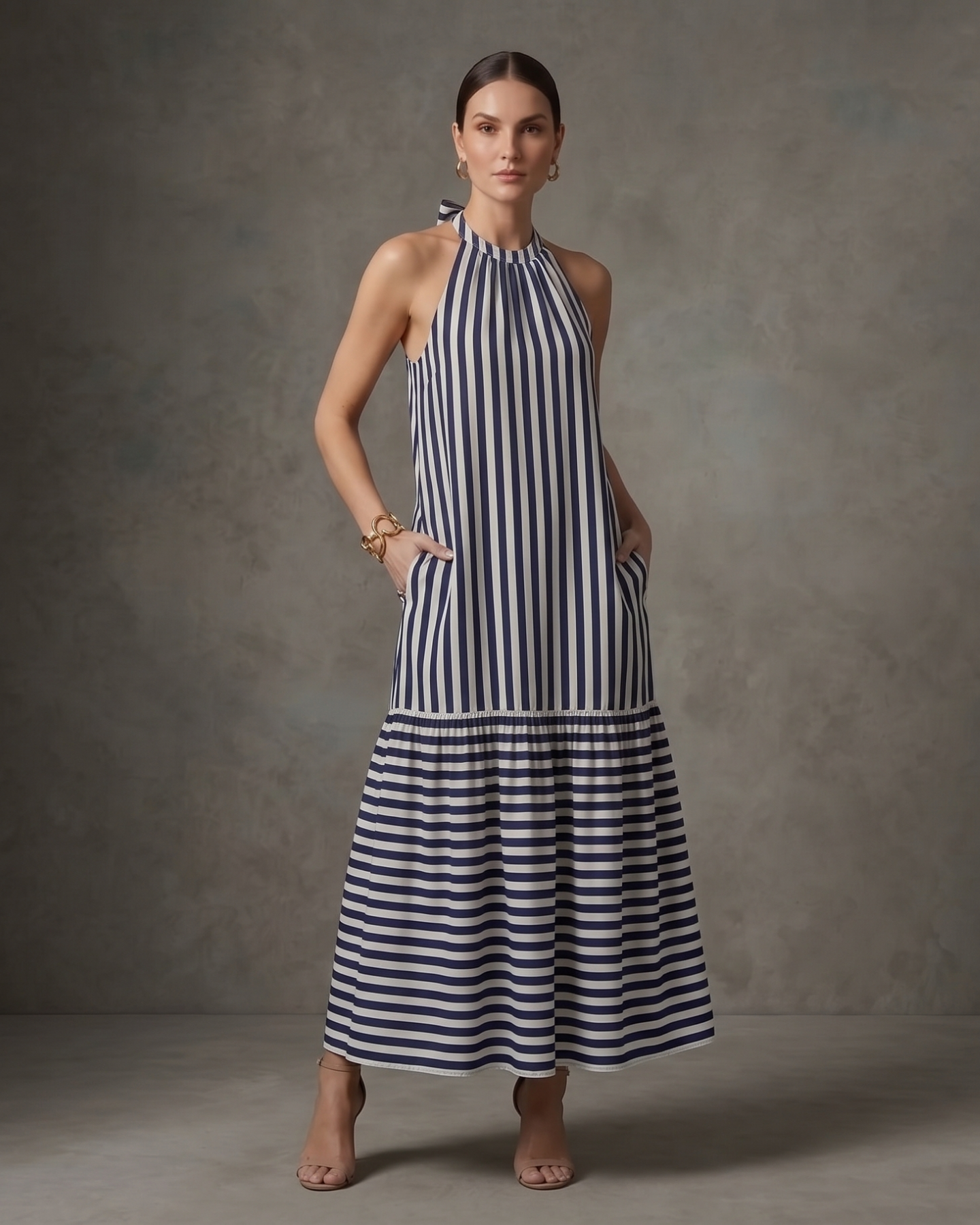 Women’s Blue &amp; Off-White Striped Halter Neck Flounce Hem Dress - 3127