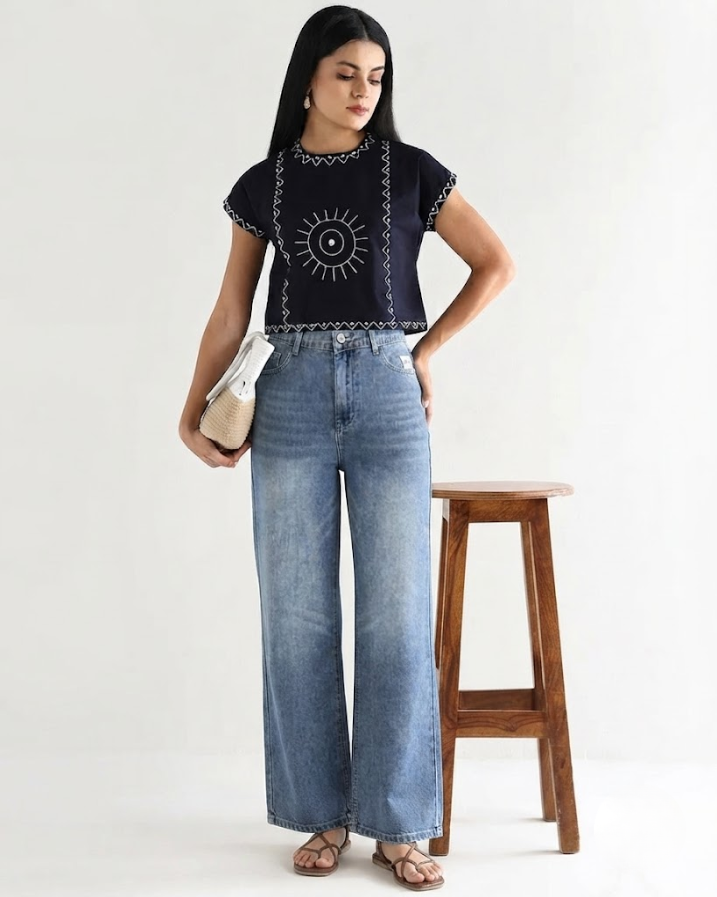 Sands Of India Women’s Blue Cotton Embroidered Top with Relaxed Fit Boxy Crop Top - 3112