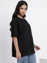 Oversized black cotton top featuring a vibrant tropical print -2849