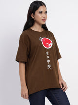 Oversized toffee-colored top featuring a meaningful Ikigai print - 2853