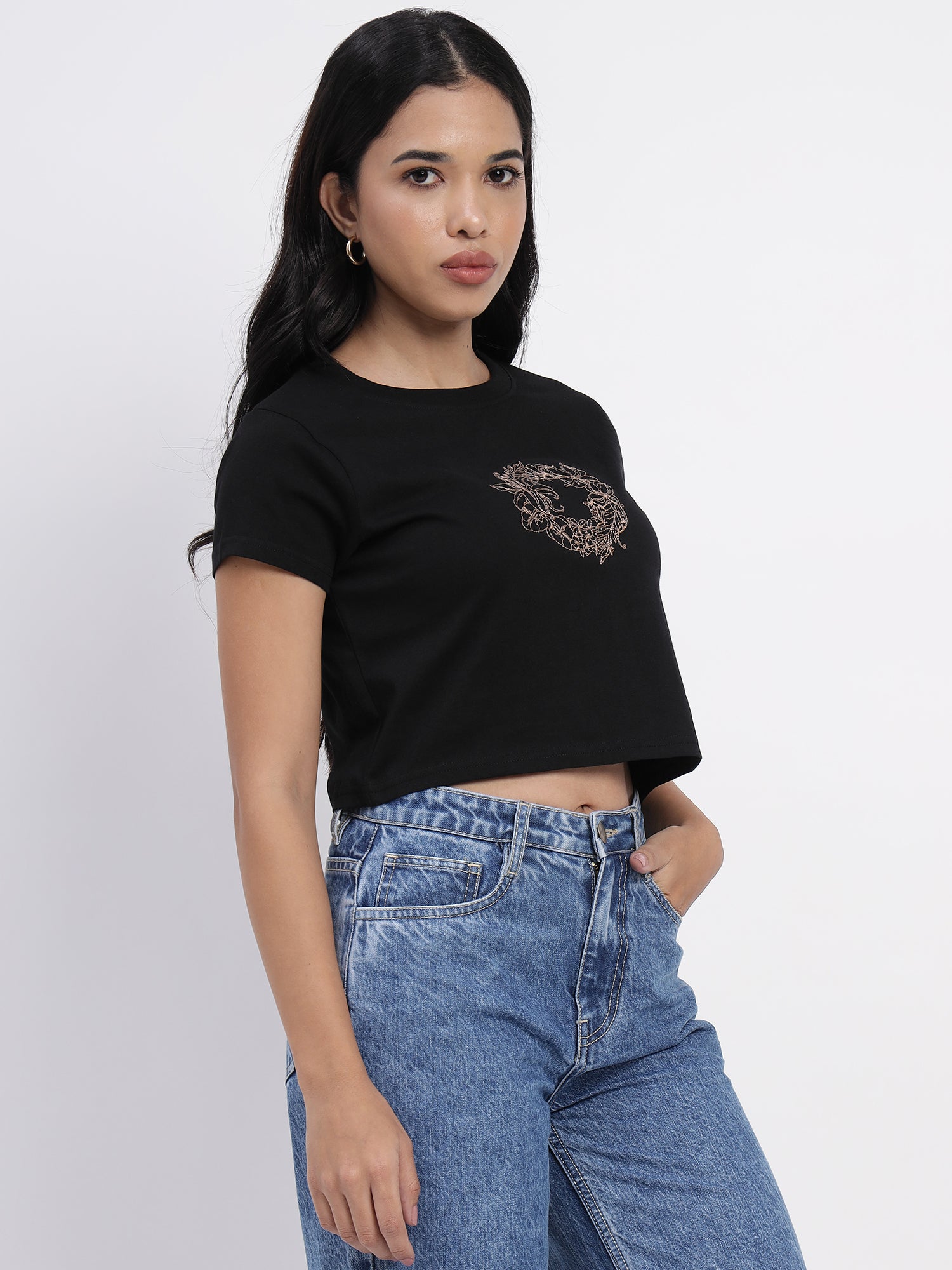 Black Cotton Crop Top with Intricate Embroidery Accents - 2839