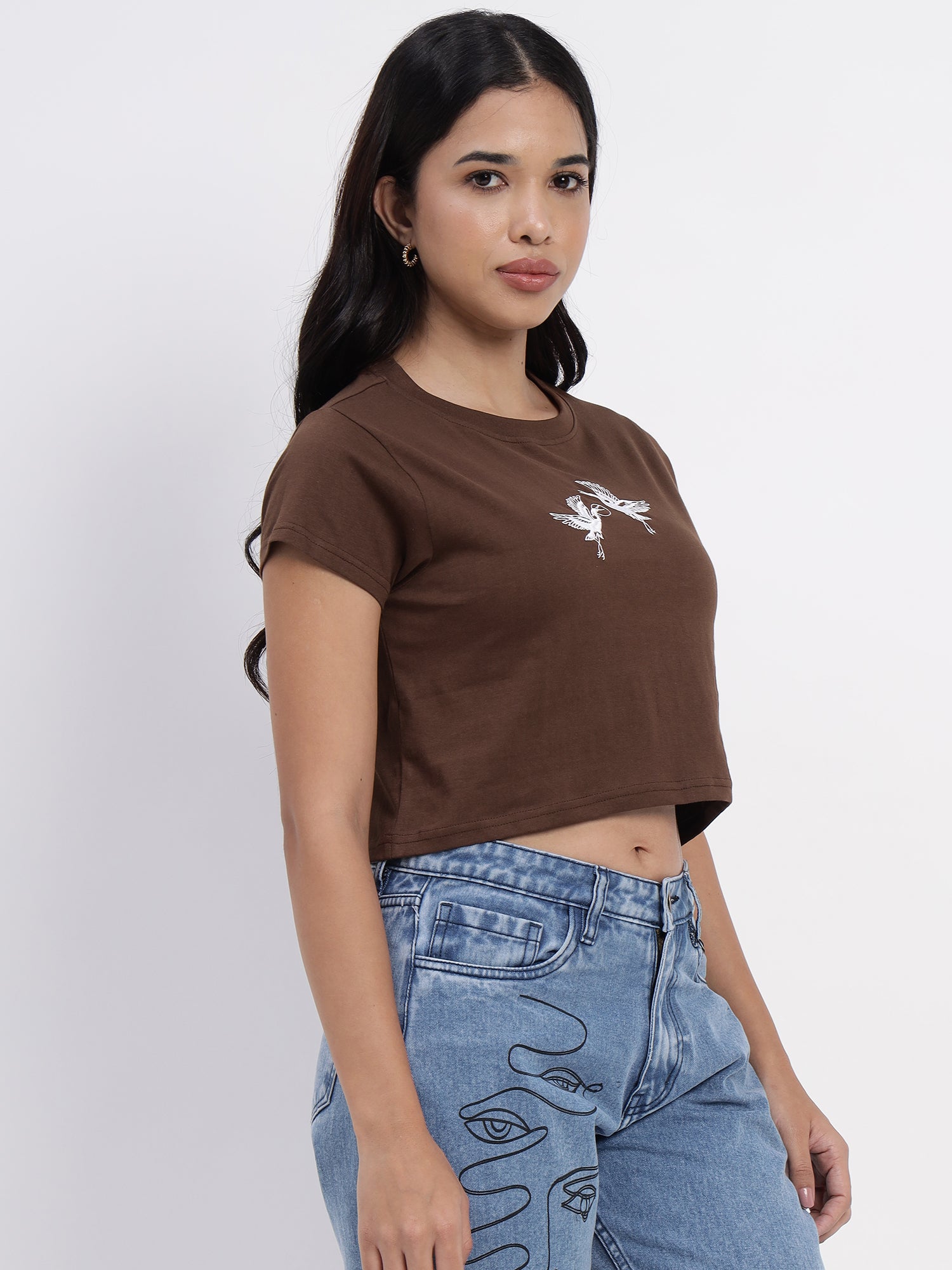 Brown crop top featuring intricate and delicate embroidery accents -2840