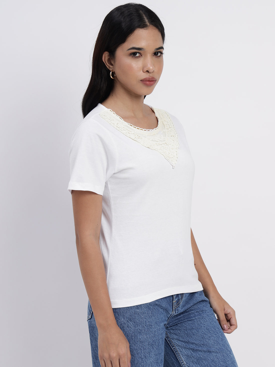 White Regular T-shirt with lace neck accent - 2777