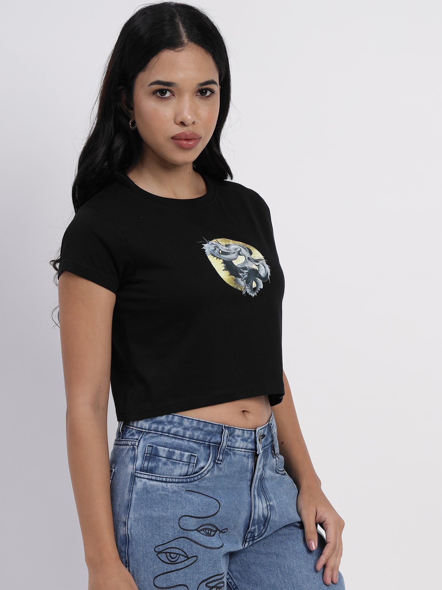 Black crop top featuring a majestic heavenly dragon print - 2843