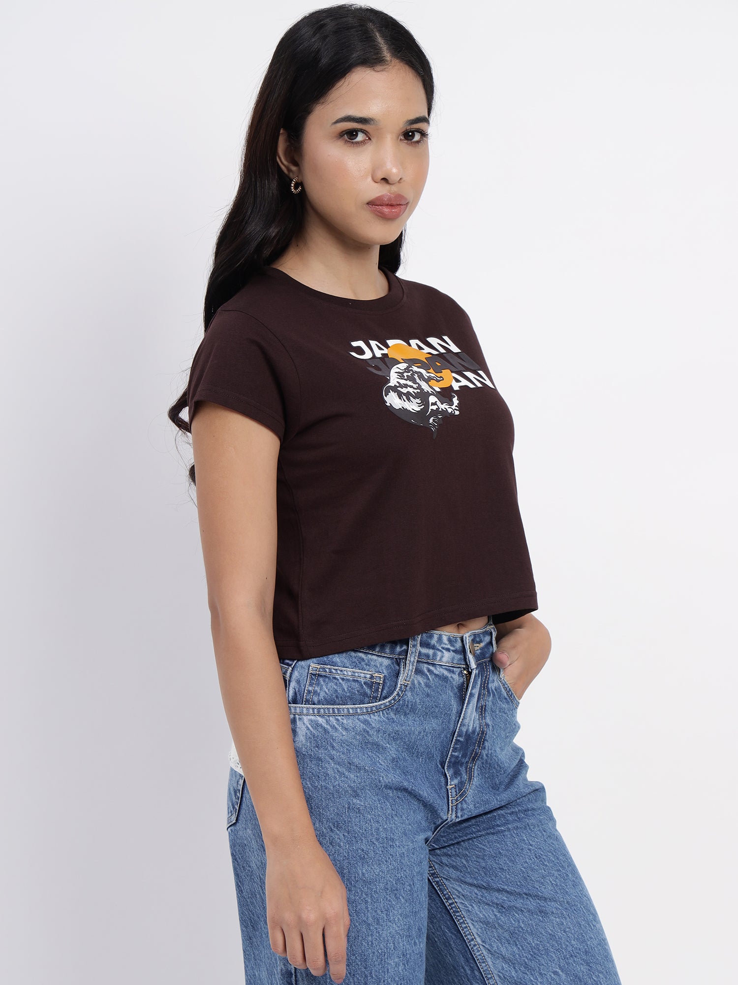 Japan rising sun printed grey crop top Coffe  color - 2845