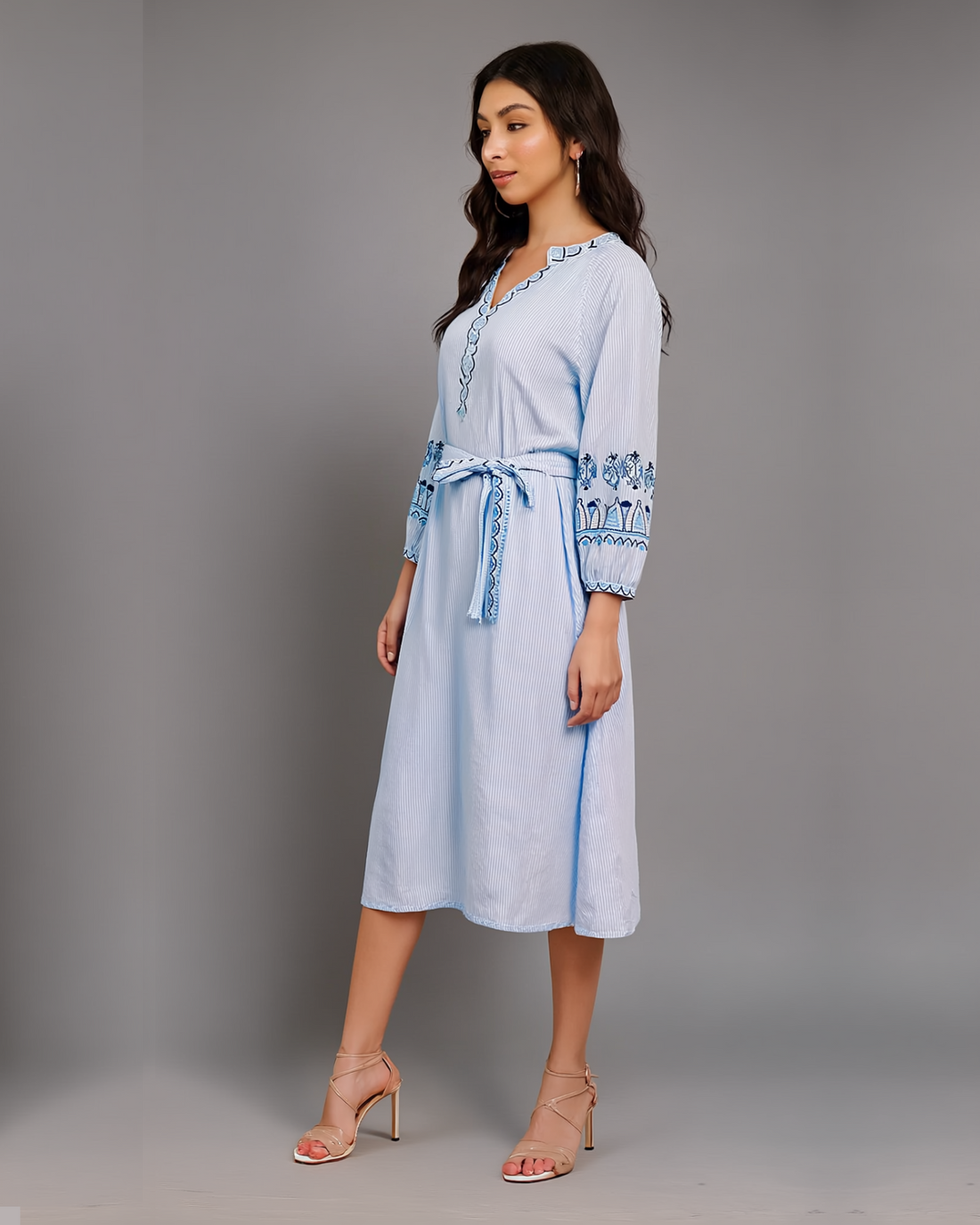 Blue Stripes Embroidered Dress with Detachable Belt - 1571