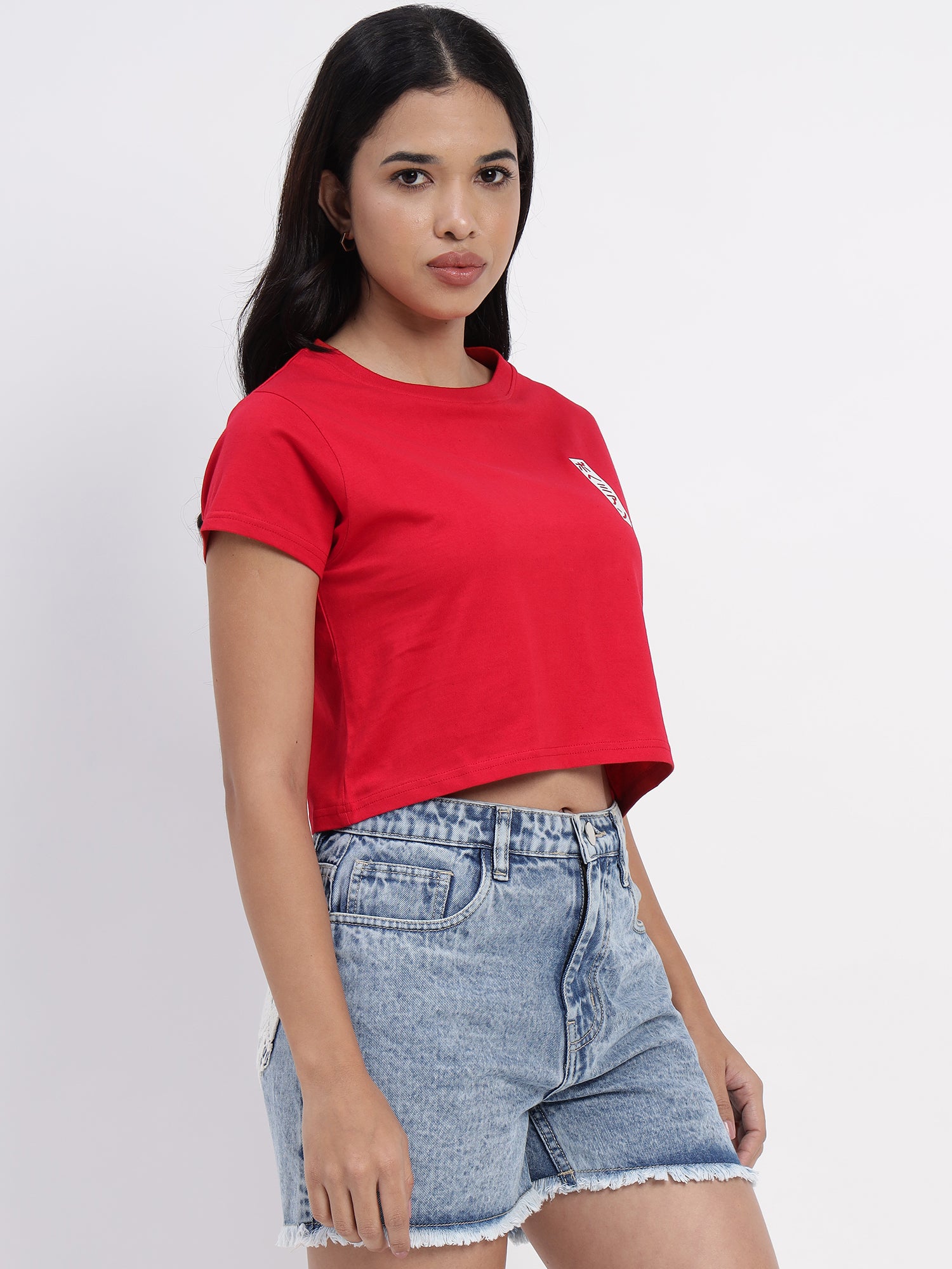 Bright red cotton crop top with a fun and lively Treasure Trove illustration -2842