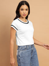 White regular top featuring elegant monochrome embellishments - 2846