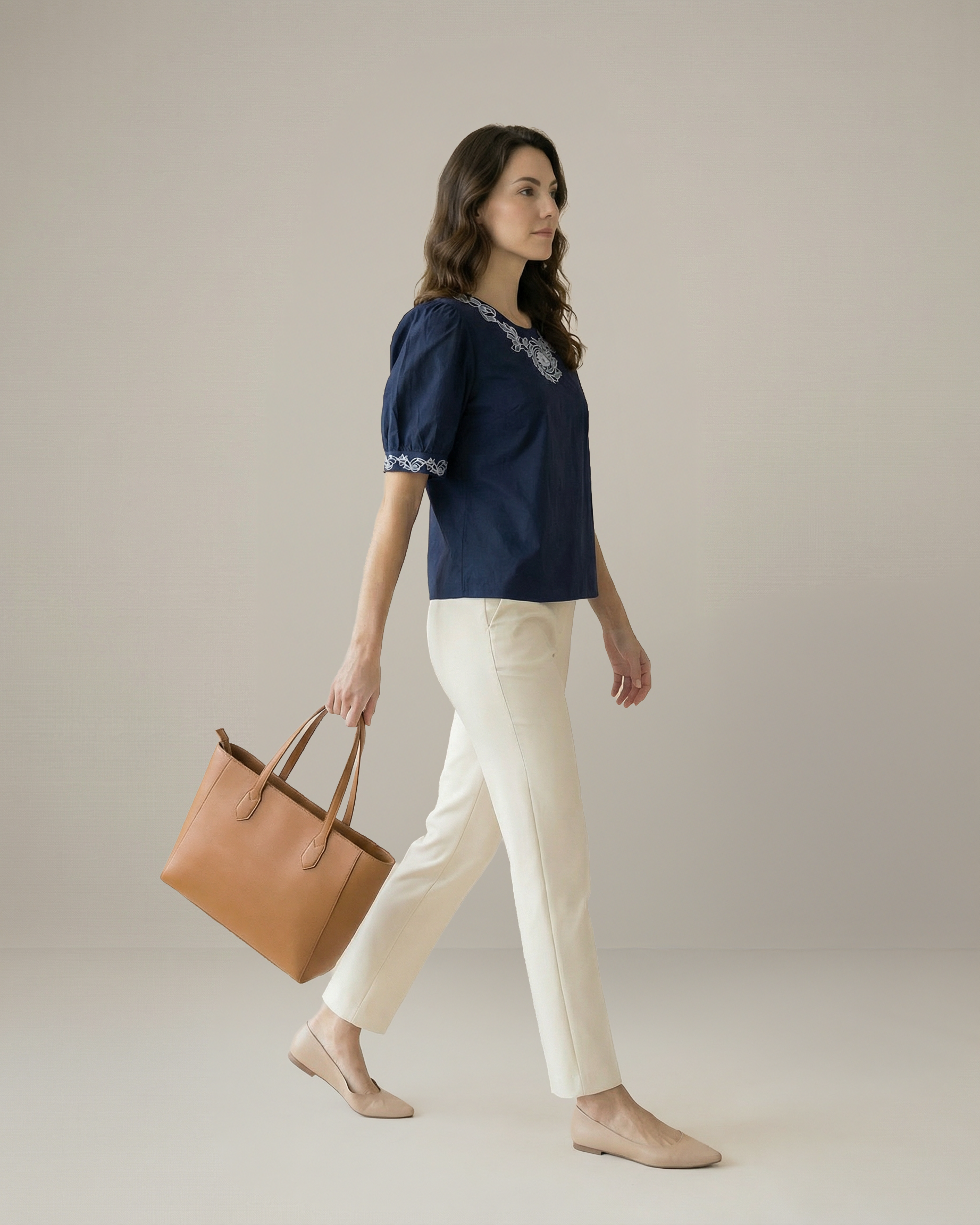 Women’s Embroidered Navy Blue Poplin Regular Fit Top -3106