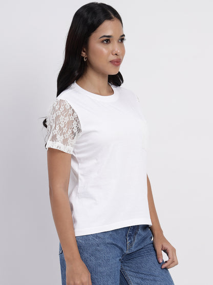 White Casual Lace Tee - 2857