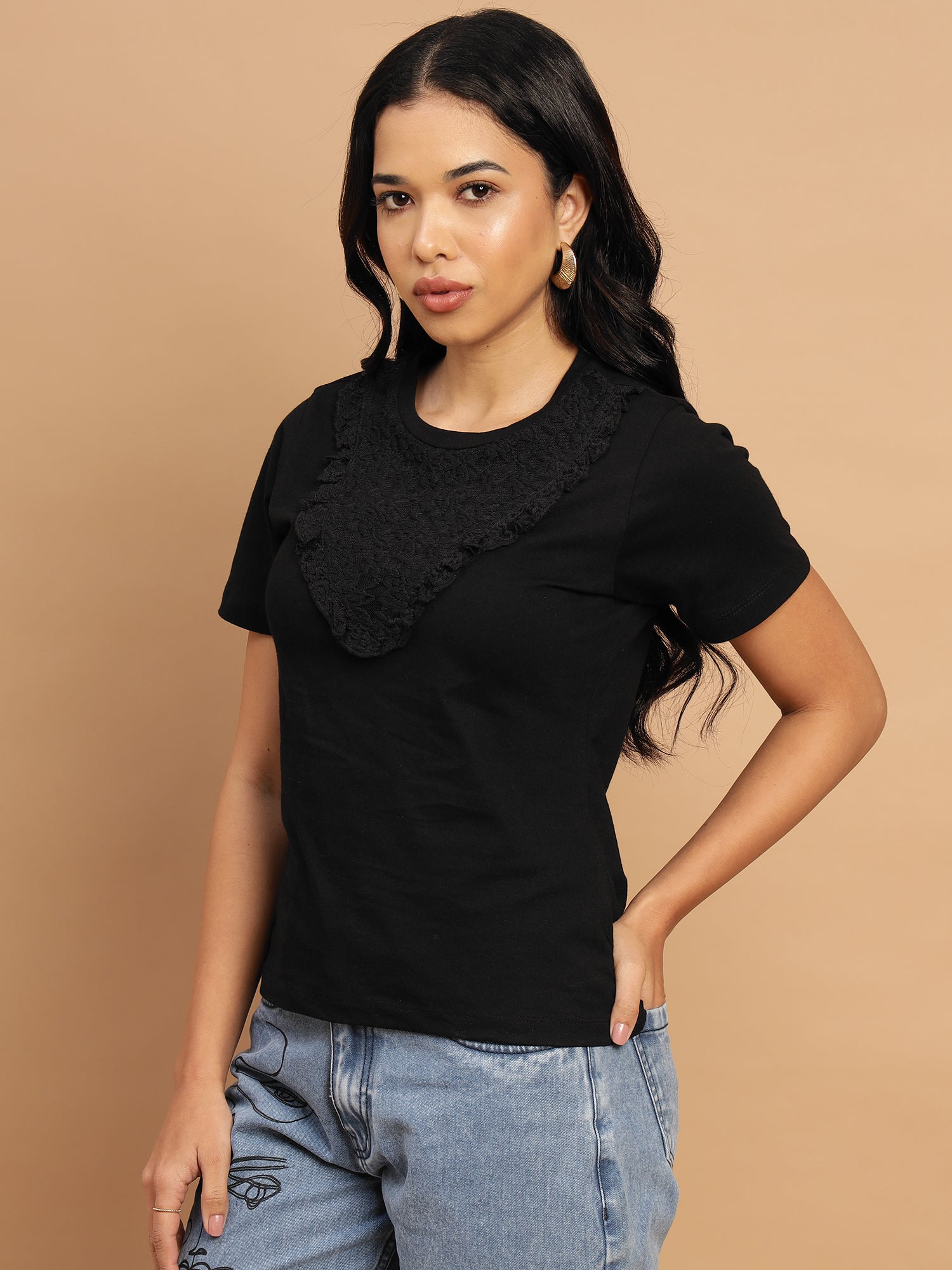 Black Regular T-shirt with lace neck accent- 2776