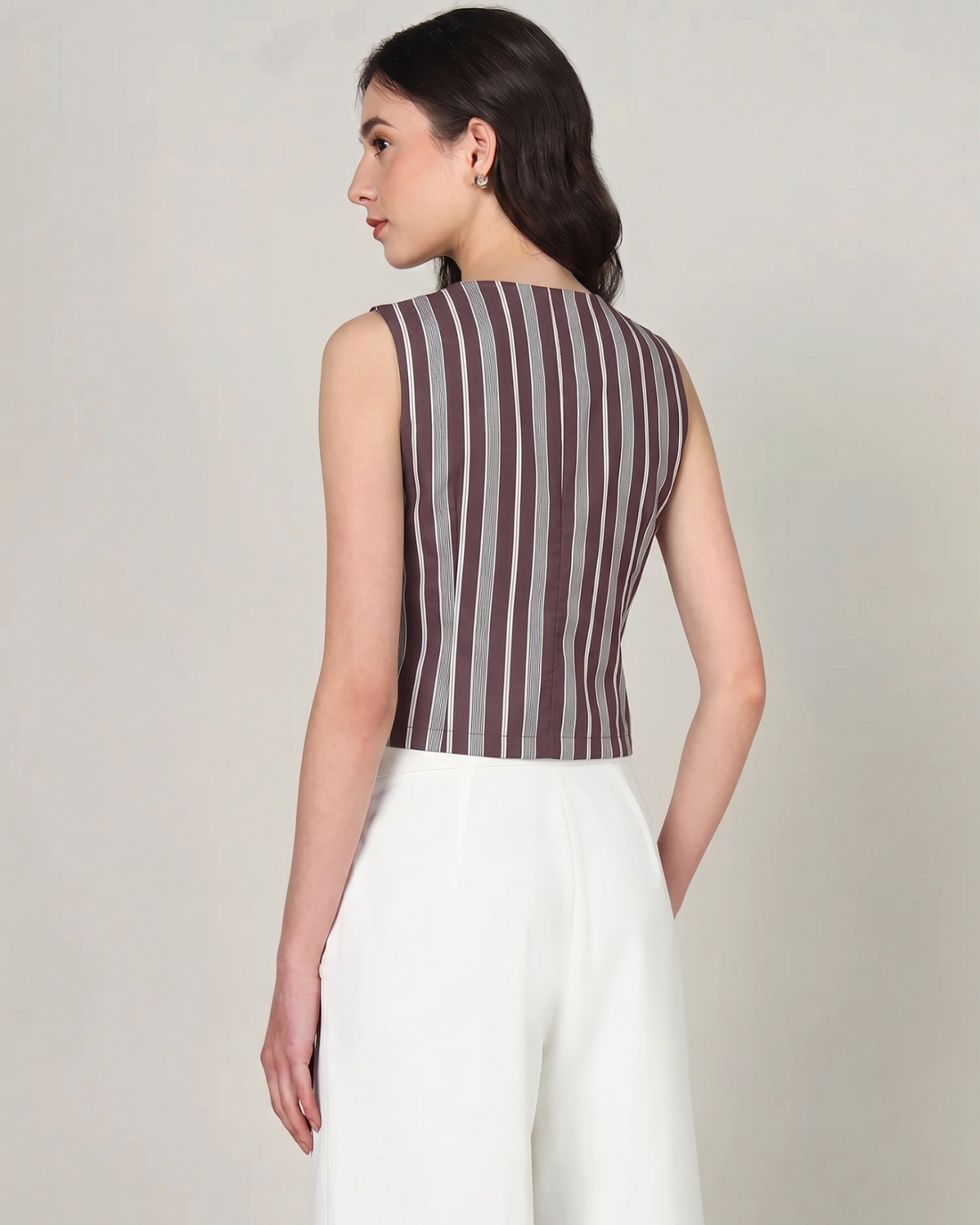 Sands of India Women’s V-Neck Sleeveless Maroon  Striped Vest - 3147