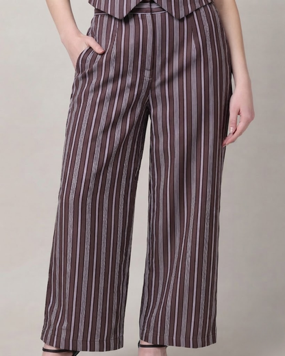 Sands of India Women’s Maroon striped Vest and Wide-Leg Trousers Co-ord Set - 3128