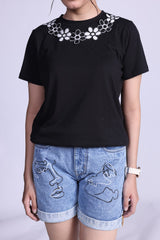 Intricated Floral design black single jersey regular T-shirt - 2775