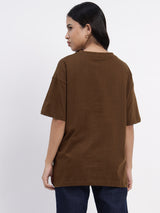 Oversized toffee-colored top featuring a meaningful Ikigai print - 2853