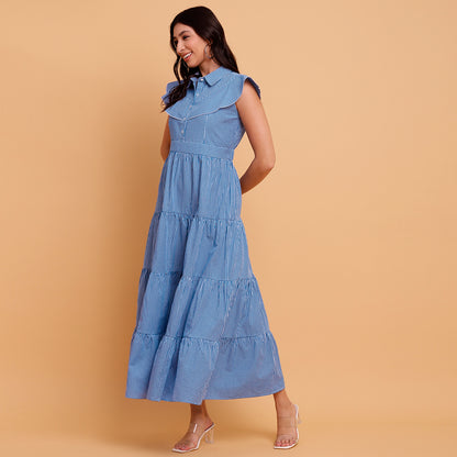 Blue Gingham Tiered Maxi Dress - 2890