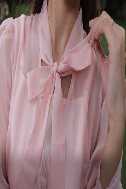 Pink Organza Neck Tie Detail Shirt  with Camisole - 2816