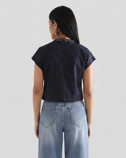 Sands Of India Women’s Blue Cotton Embroidered Top with Relaxed Fit Boxy Crop Top - 3112