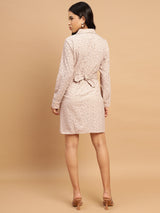 Taupe-colored Schiffli dress with a matching brown belt and shirt-style details - 2797