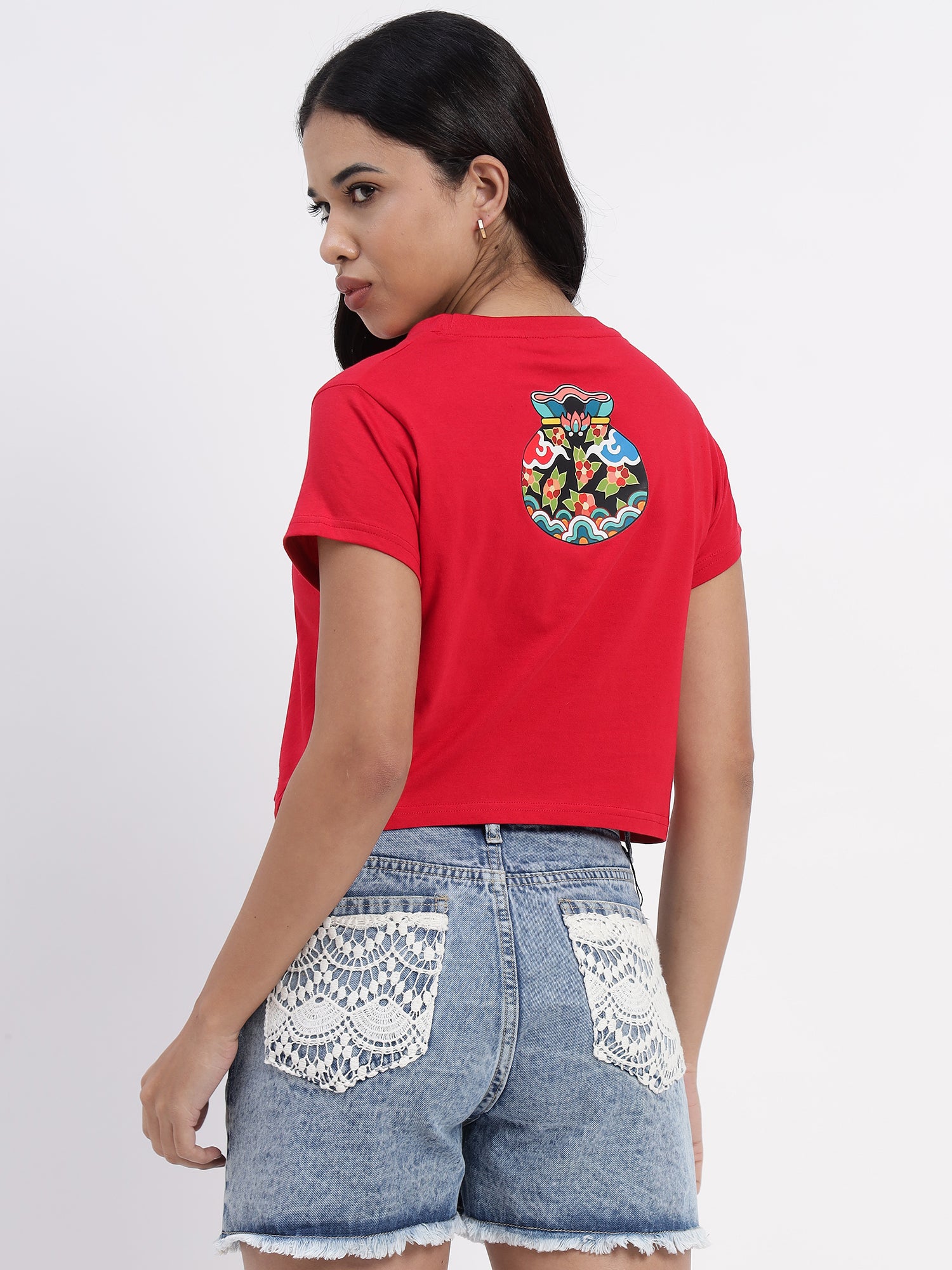 Red crop top with Treasure Trove print -2842