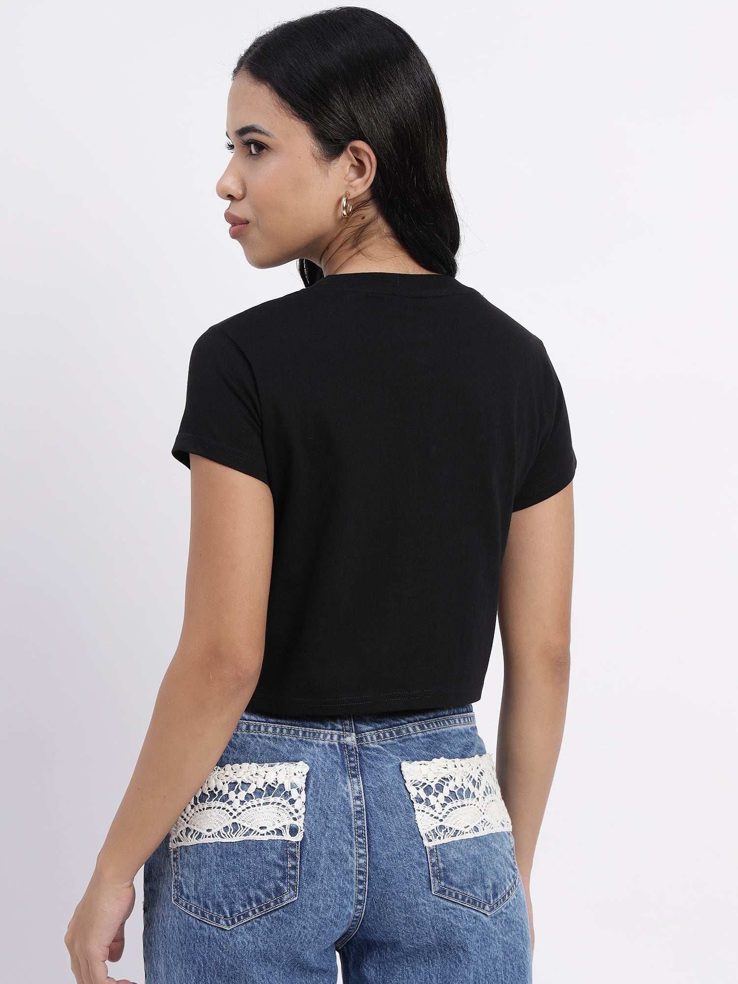 Black Cotton Crop Top with Intricate Embroidery Accents - 2839