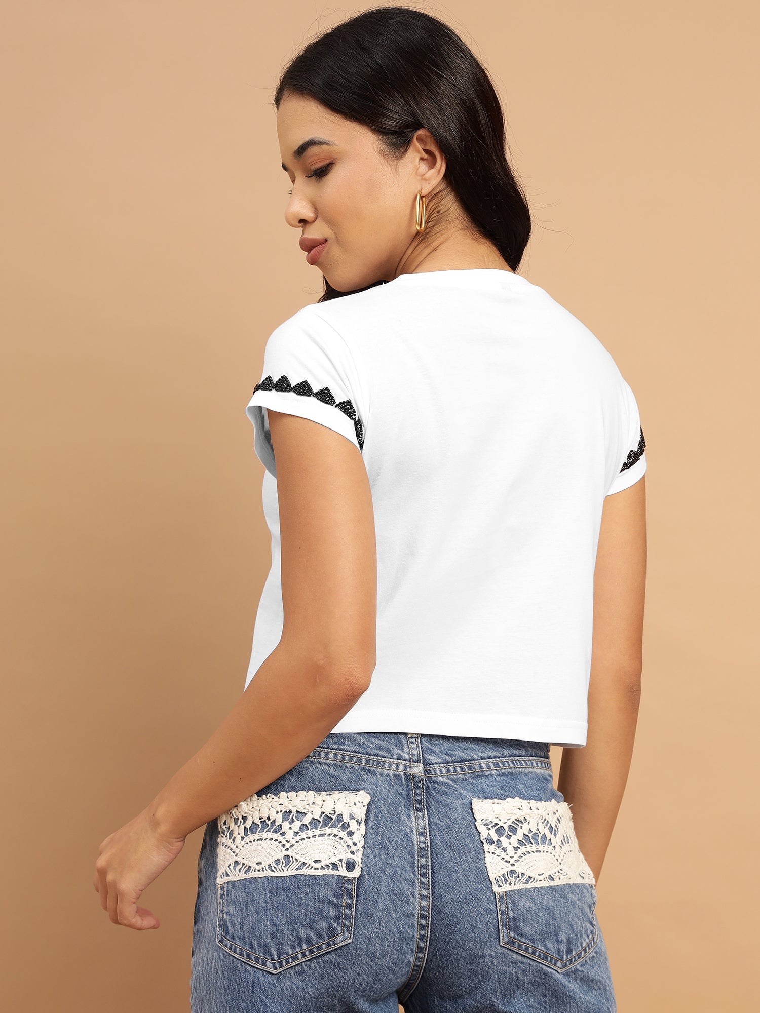 White Crop Top with Monochrome Embellishment - 2846